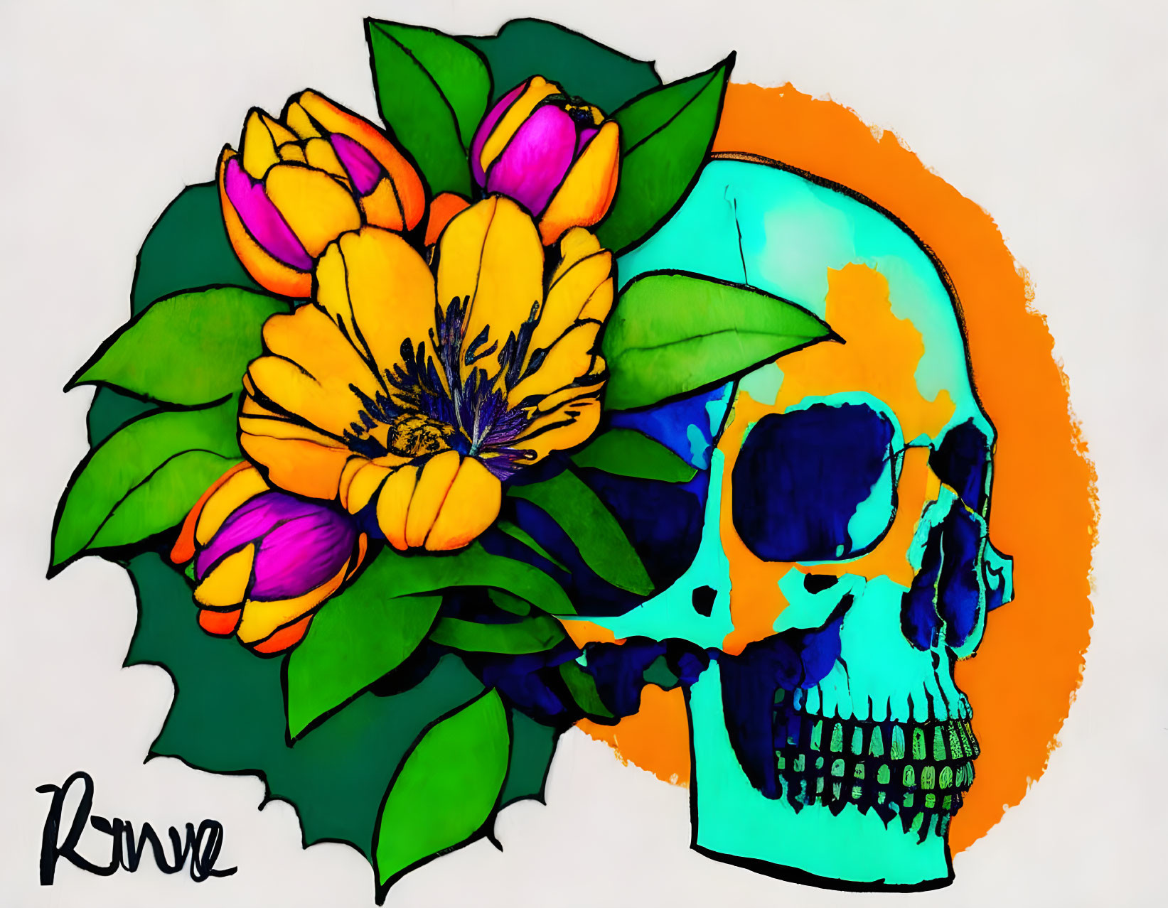 Colorful human skull with flowers on orange backdrop by Rowe