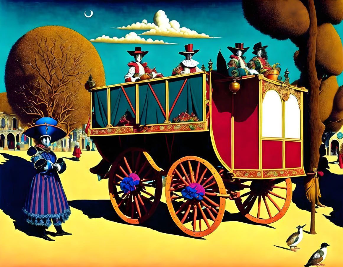 Colorful Carriage and Characters in Surreal Illustration