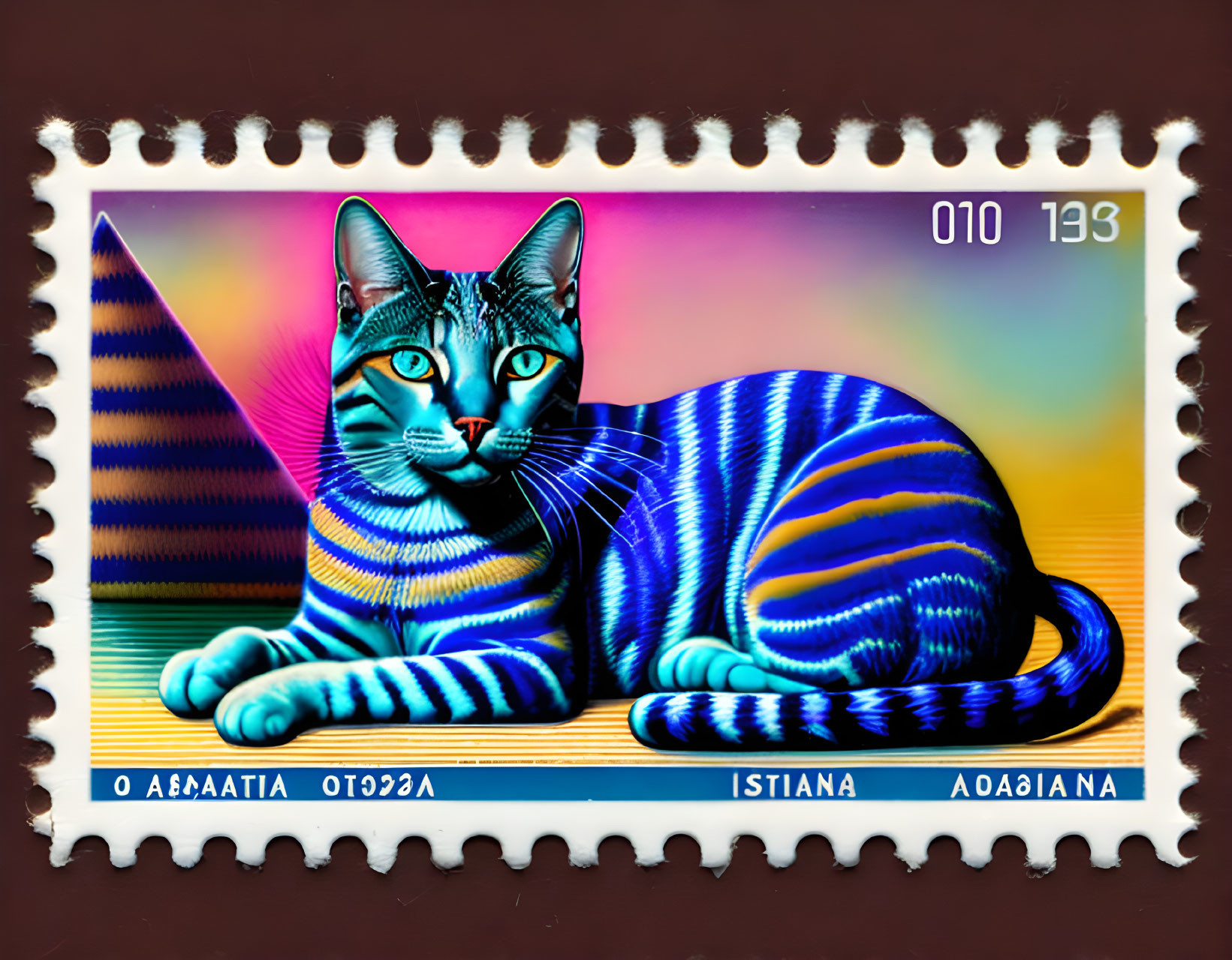 Colorful Postage Stamp with Blue-Striped Cat and Pyramids