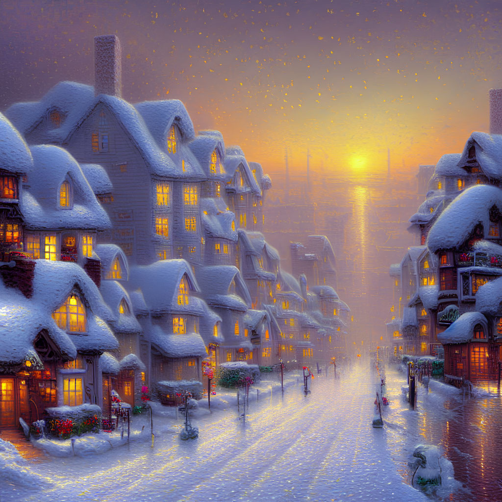 Winter village scene with glowing windows and snowy sunset