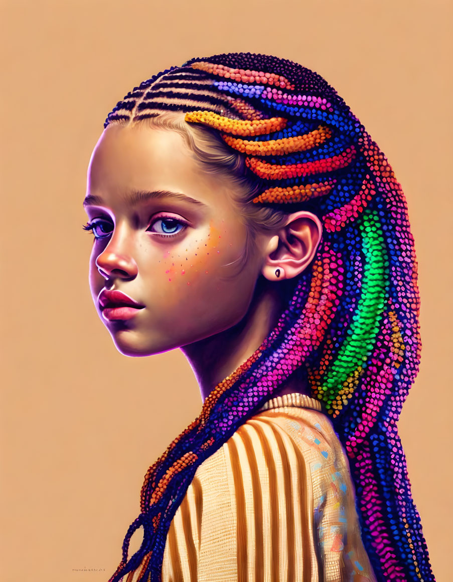 Colorful braided hair and dotted face paint on a young girl in a contemplative pose on tan