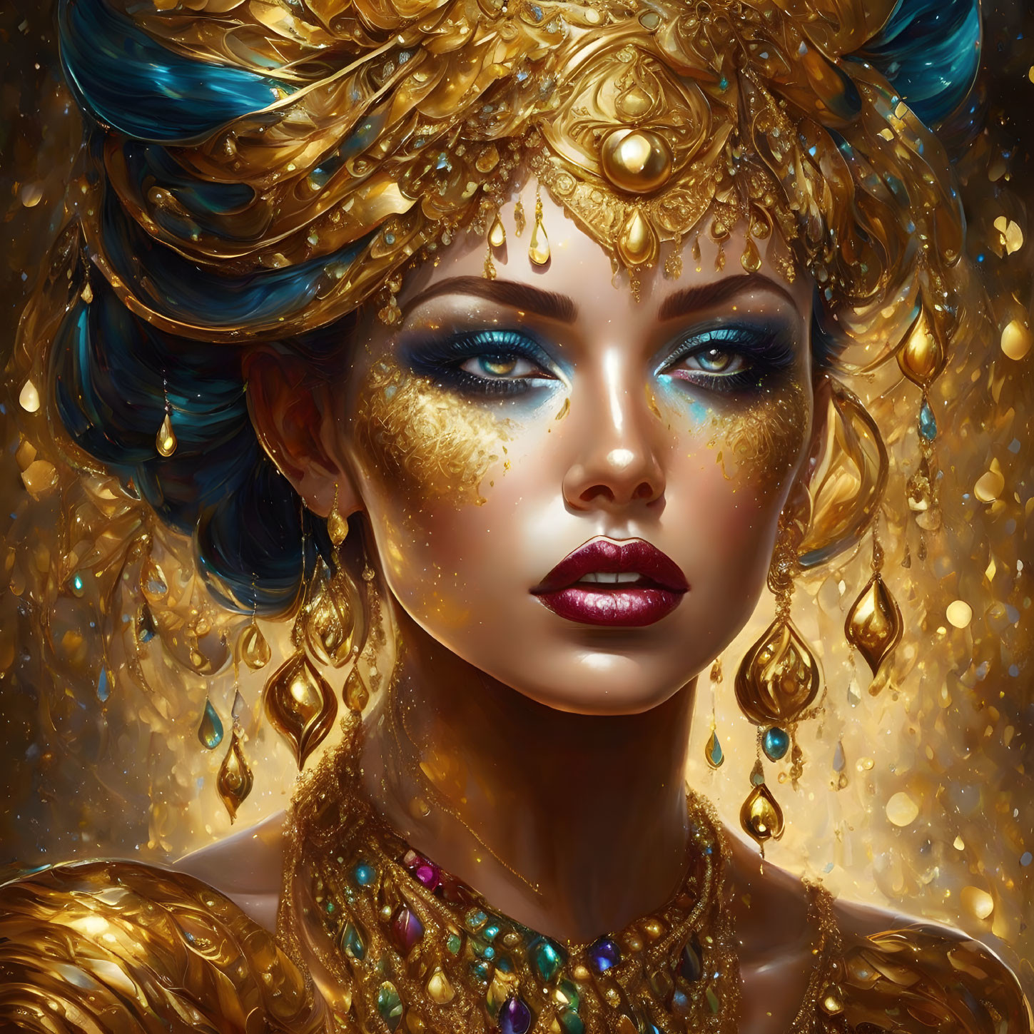 Illustrated Woman with Golden Jewelry and Blue Eyes