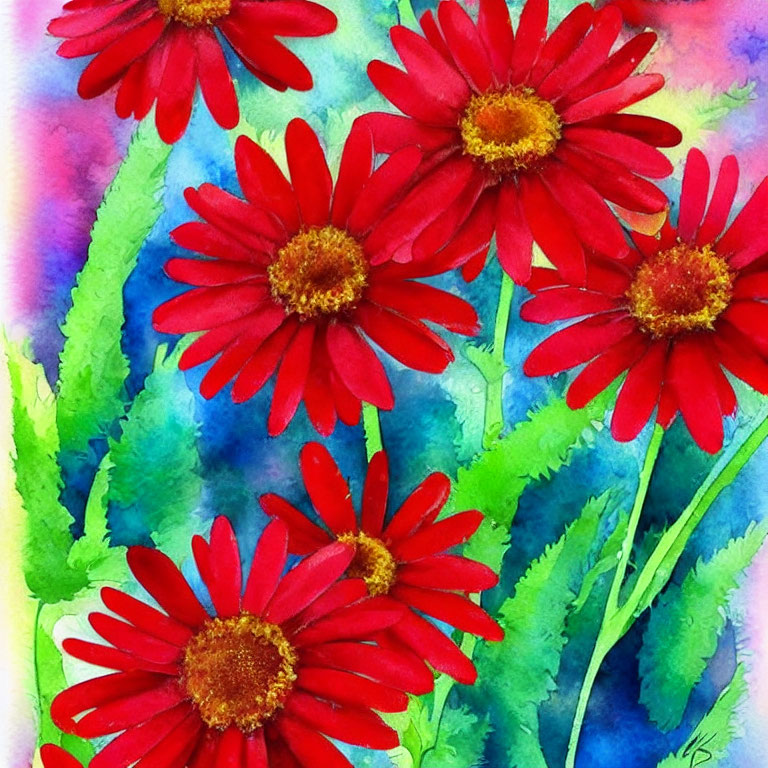 Colorful Watercolor Painting of Red Flowers and Green Leaves on Water-Stained Background