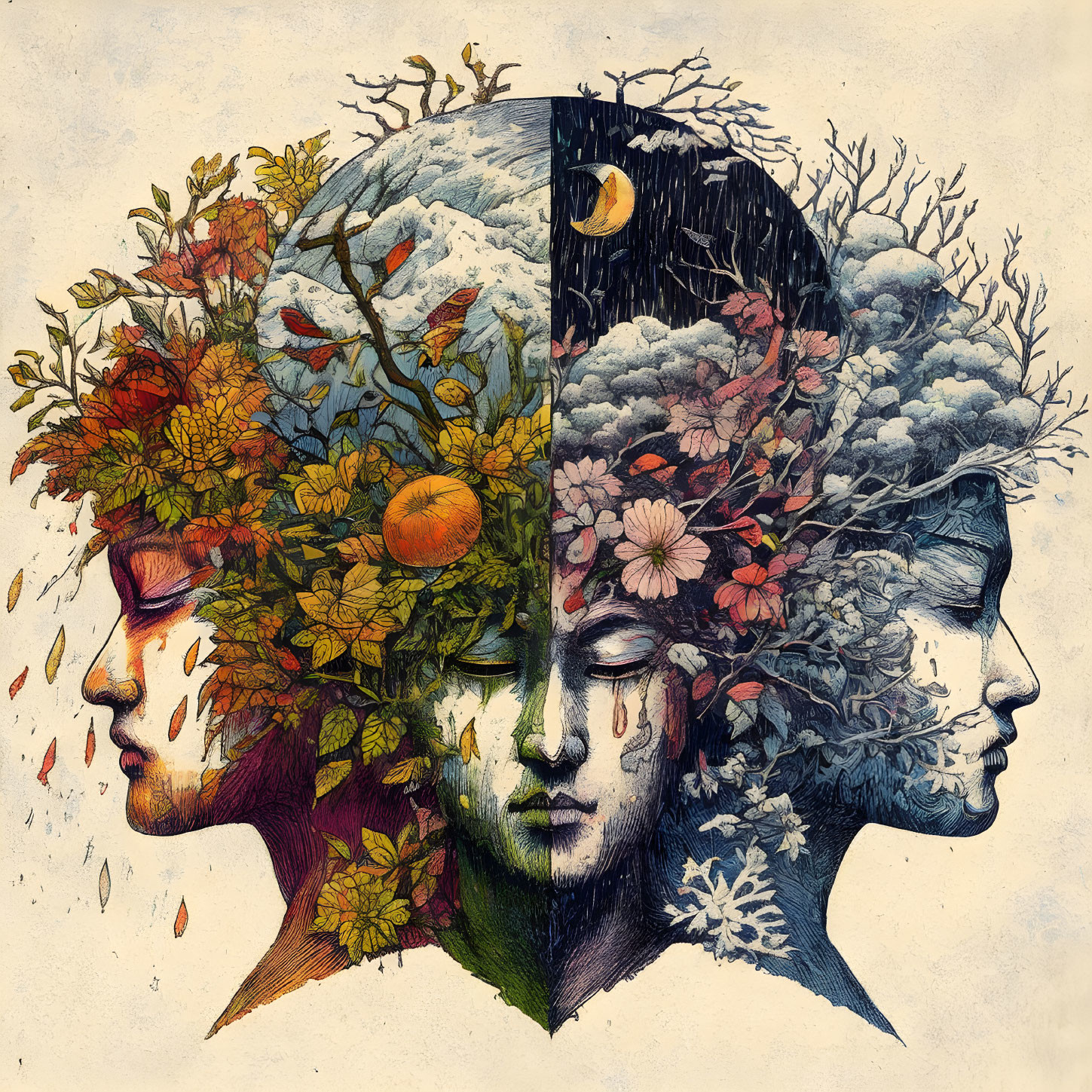 Four Faces in Profile Representing Seasons with Flora and Fauna