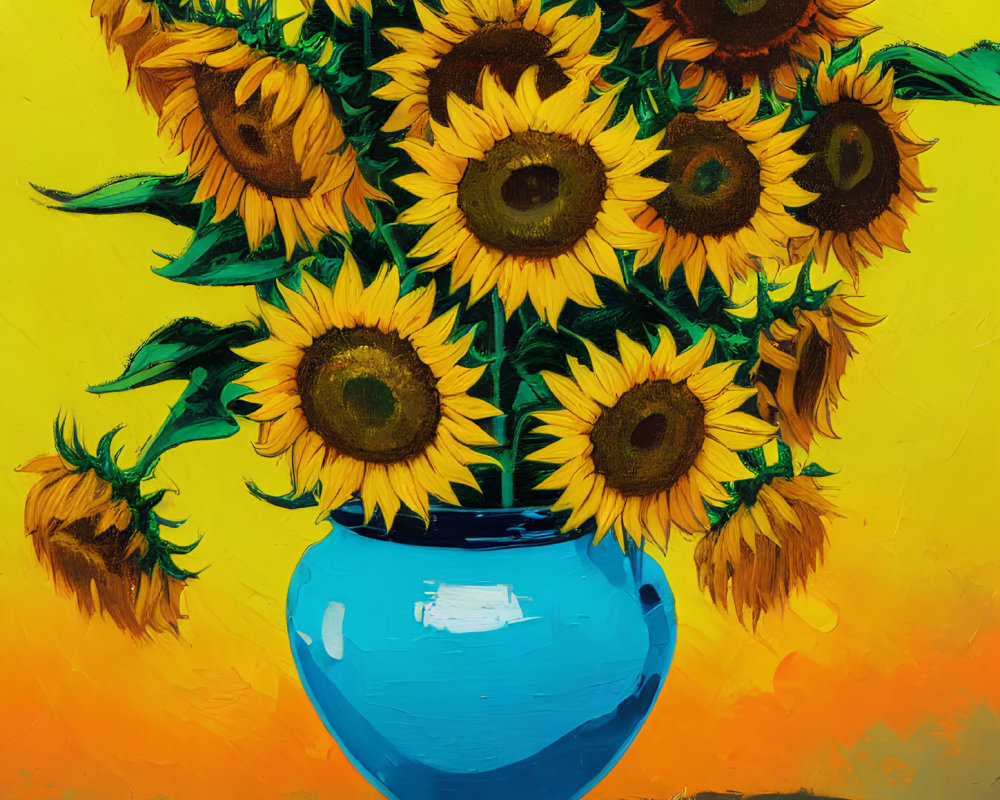 Vibrant sunflowers in blue vase on yellow background with brush strokes