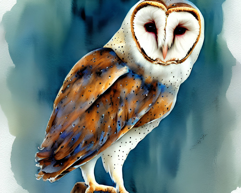 Detailed Illustration of Barn Owl on Stump with Brown and White Feathers against Blue Watercolor Background