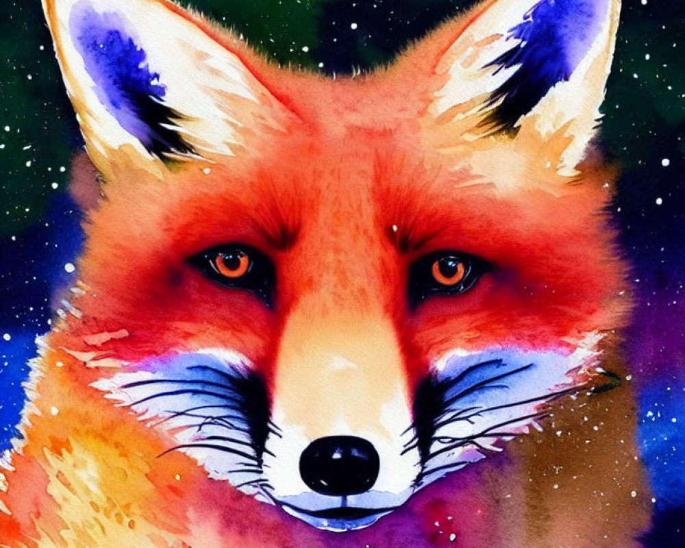 Fox Watercolor Painting: Vibrant Red Fur & Piercing Eyes on Starry Background