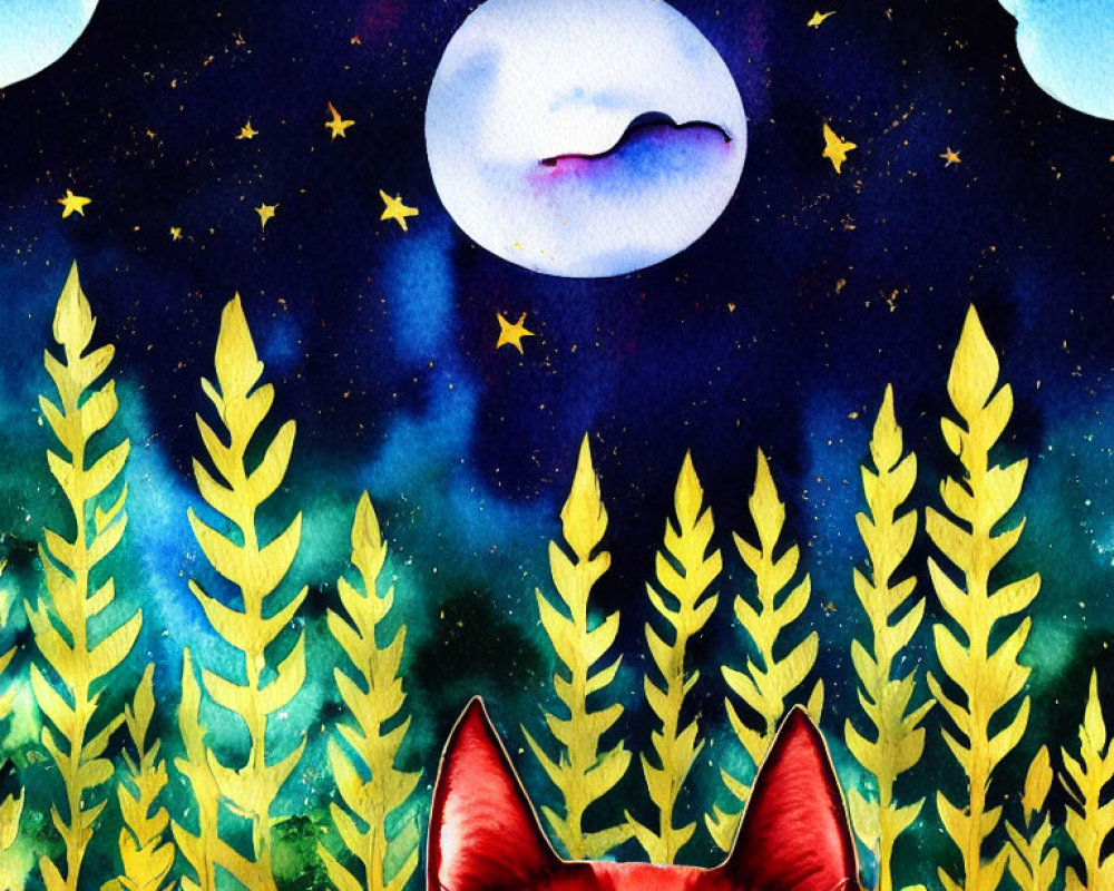 Red cat gazing at night sky with moon and stars in watercolor art