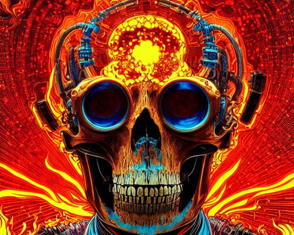 Digital Art: Skull with Cybernetic Enhancements in Fiery Wave Setting