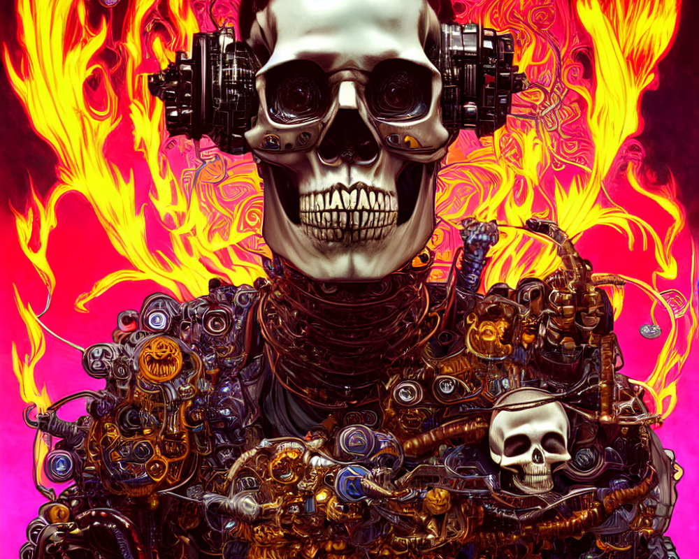 Skull with headphones surrounded by flames and mechanical gears