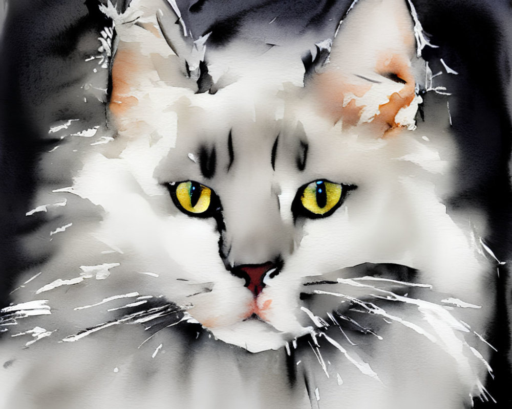 Fluffy White Cat Watercolor Painting with Yellow Eyes and Pink Nose