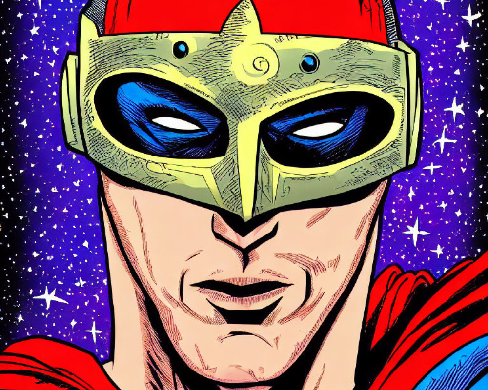 Golden helmet superhero illustration in space background