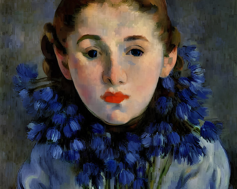 Young girl with red hair in blue top with blue flowers on grey background