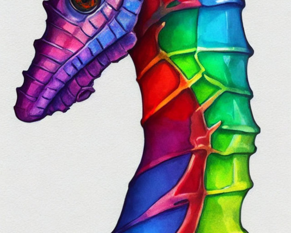 Vibrant seahorse illustration with geometric patterns and rainbow palette