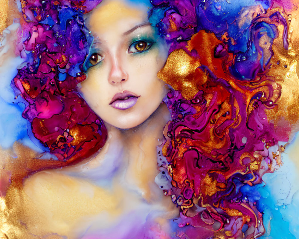 Colorful portrait of woman with flowing, golden textures