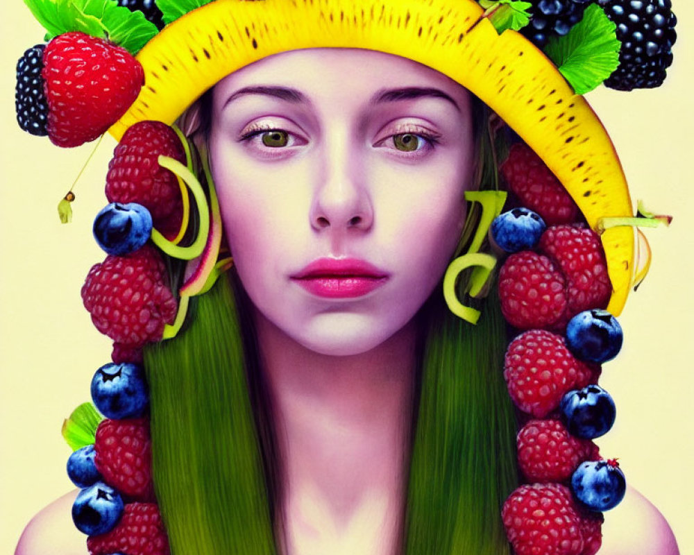 Woman with Fresh Fruit Headdress: Bananas, Berries, Green Stems