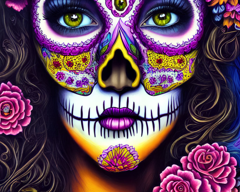 Vibrant Day of the Dead woman with skull makeup and flowers