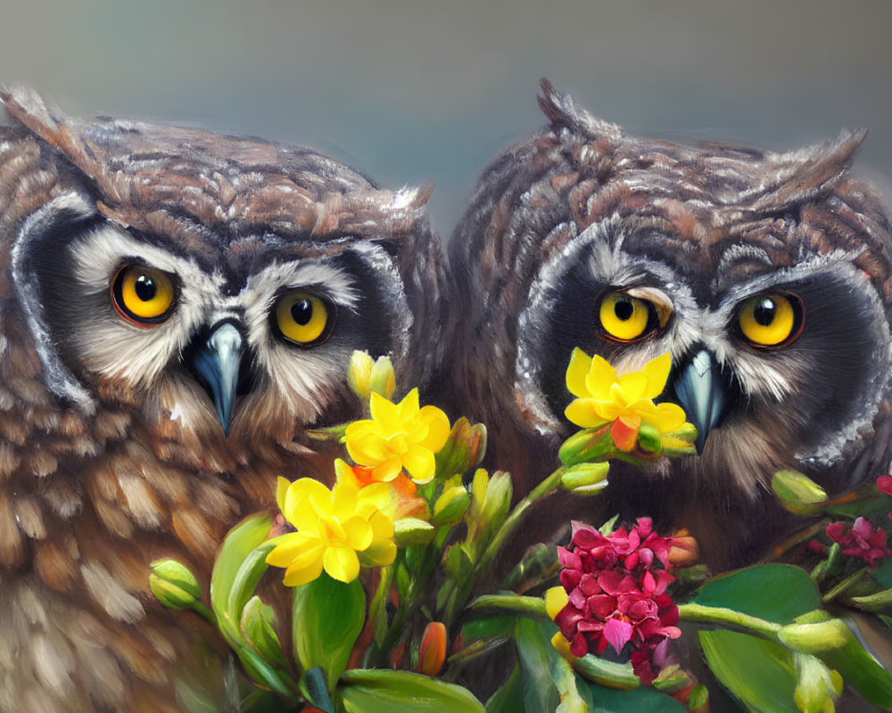 Realistic illustrated owls with yellow eyes in vibrant floral setting