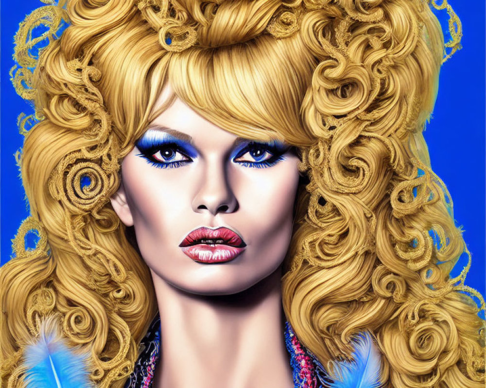 Digital portrait of individual with golden curly hair and blue eyes.