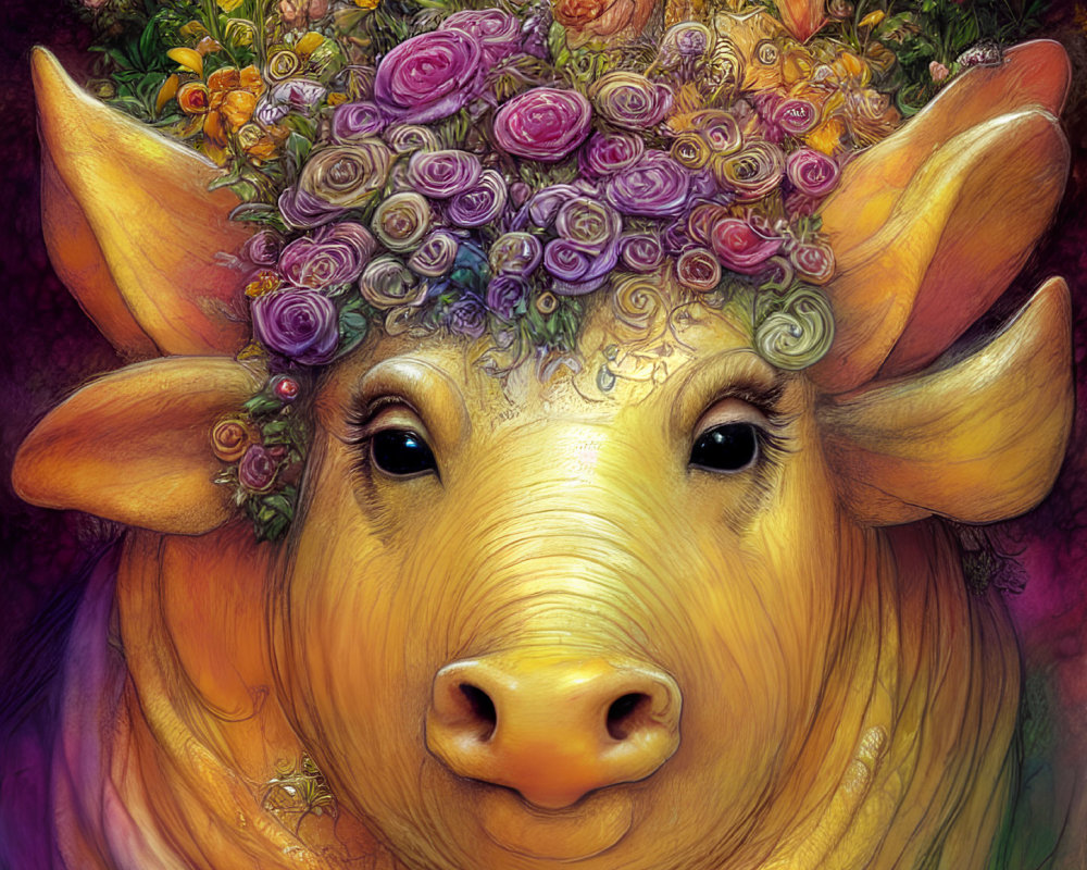 Golden cow with flower crown illustration - whimsical and serene