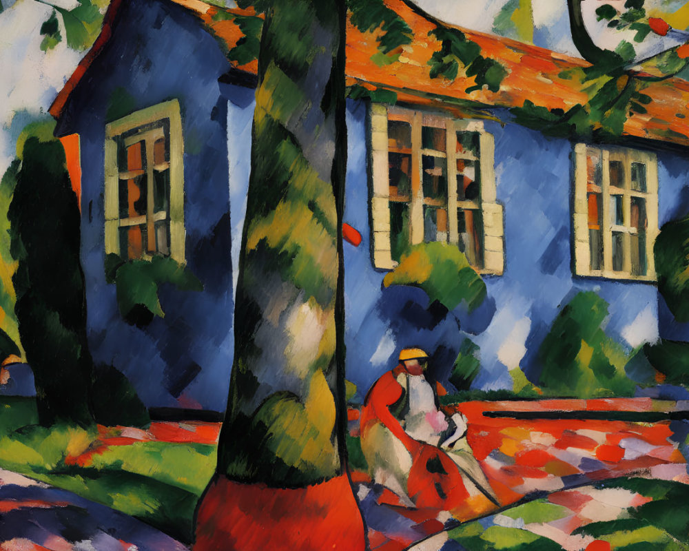 Vibrant expressionist painting of blue house and figure under tree