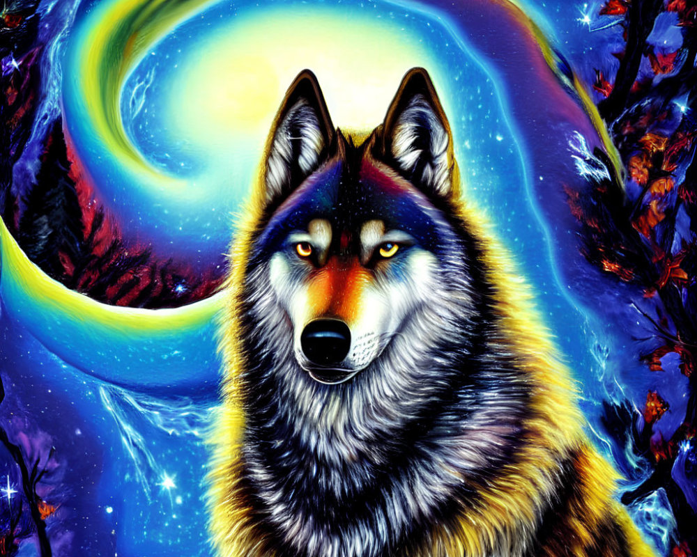 Colorful Wolf Art with Cosmic Background and Autumn Leaves