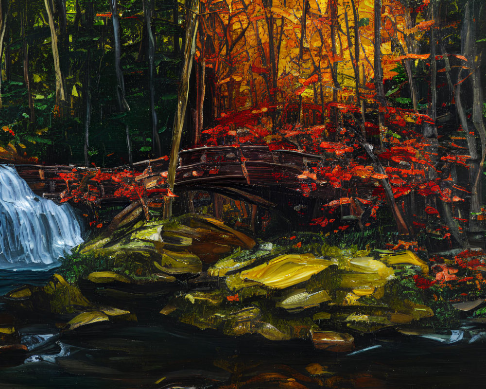 Autumnal forest painting with waterfall, wooden bridge, red and orange trees