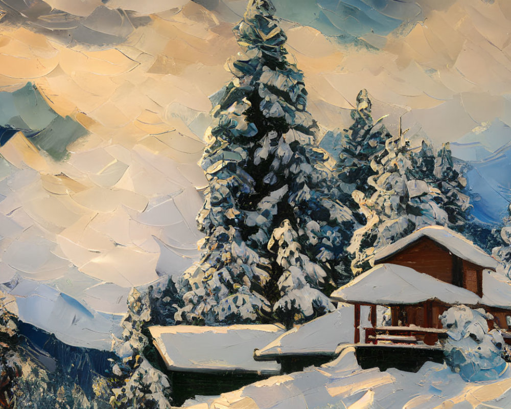 Snow-covered cabin in pine tree winter landscape with dramatic sky