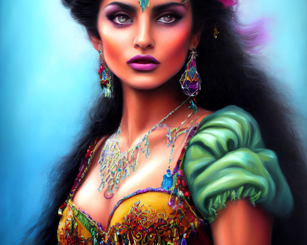 Digital portrait of woman with dramatic makeup and ornate jewelry on blue backdrop