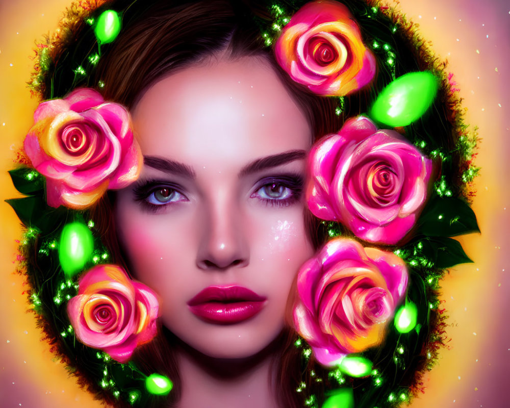 Digital portrait of woman with glowing roses and leaves on starry pink background