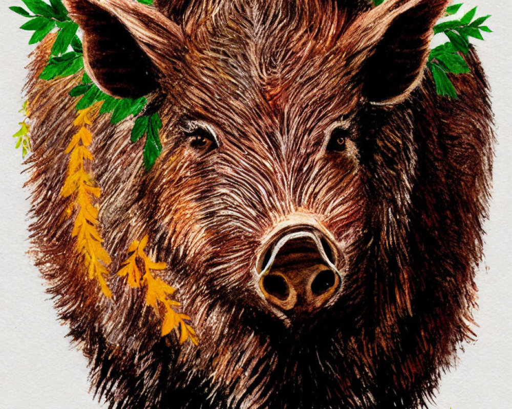 Detailed Brown Wild Boar in Green and Orange Foliage