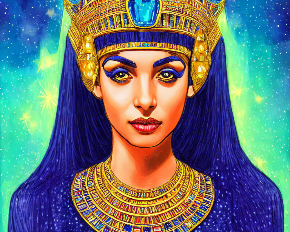 Colorful illustration of woman in Egyptian headdress with blue jewel & detailed collar, against starry backdrop