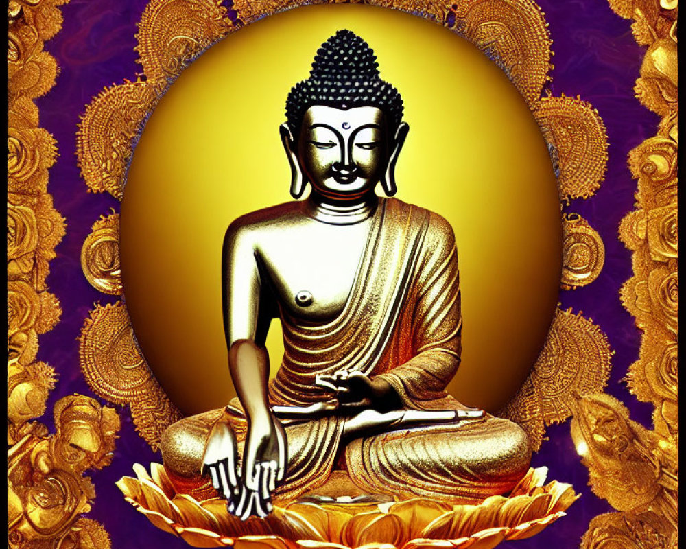 Golden Buddha Statue in Meditation Pose with Radiant Yellow Halo and Ornate Floral Background