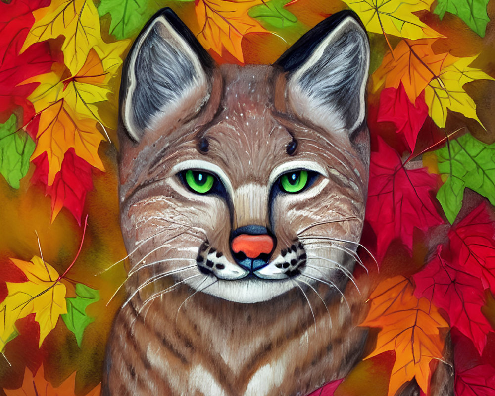 Detailed Lynx Face Illustration Surrounded by Autumn Leaves