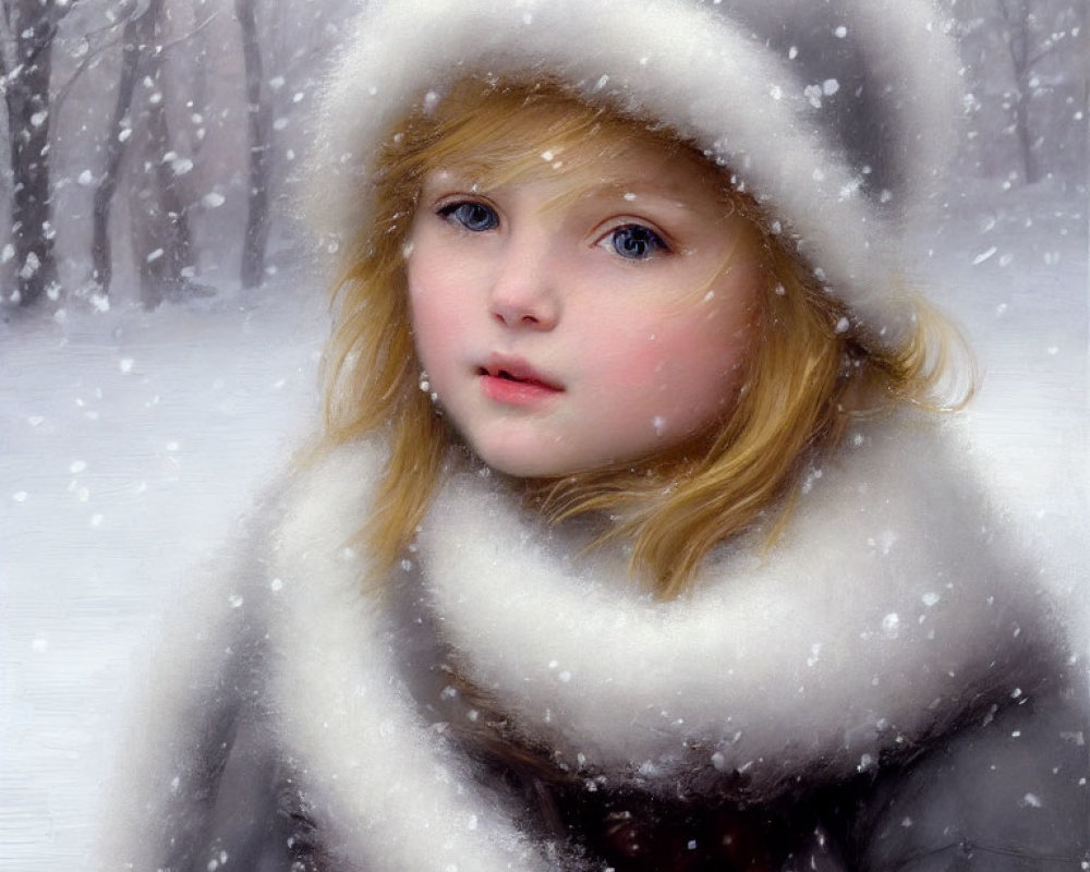 Blond Girl in White Furry Hat and Grey Coat in Snowfall