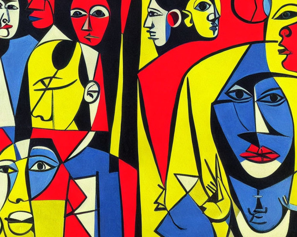 Colorful Cubist Painting with Fragmented Faces in Bold Colors