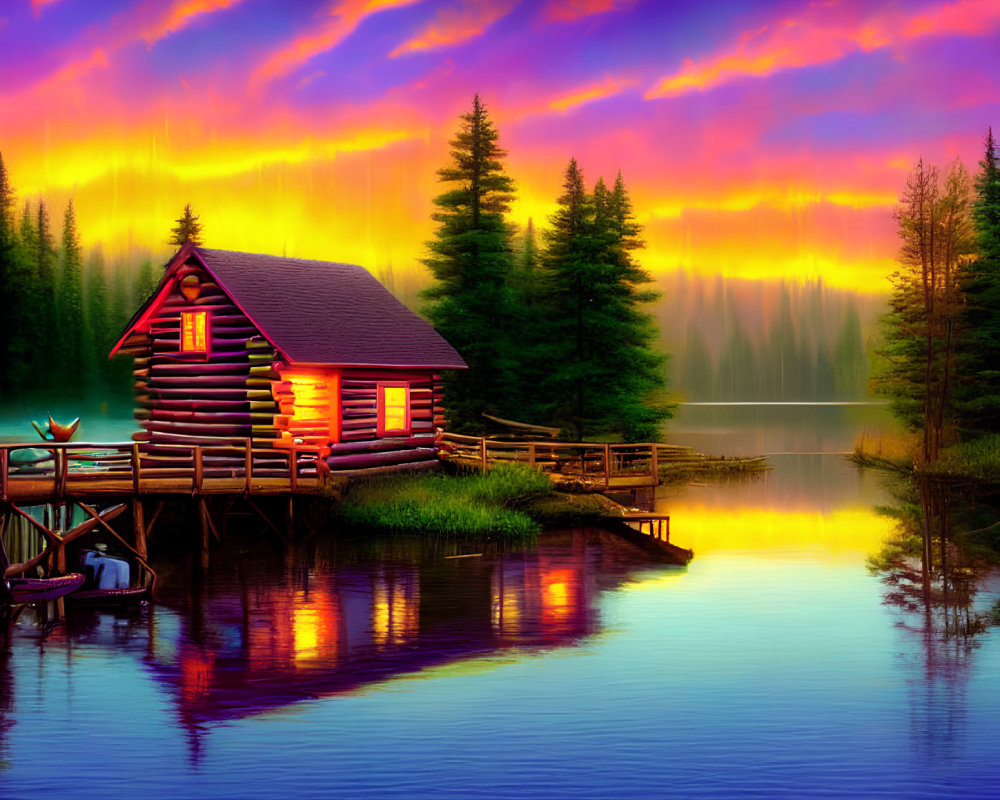 Digital Art: Log Cabin on Lakeside at Sunset