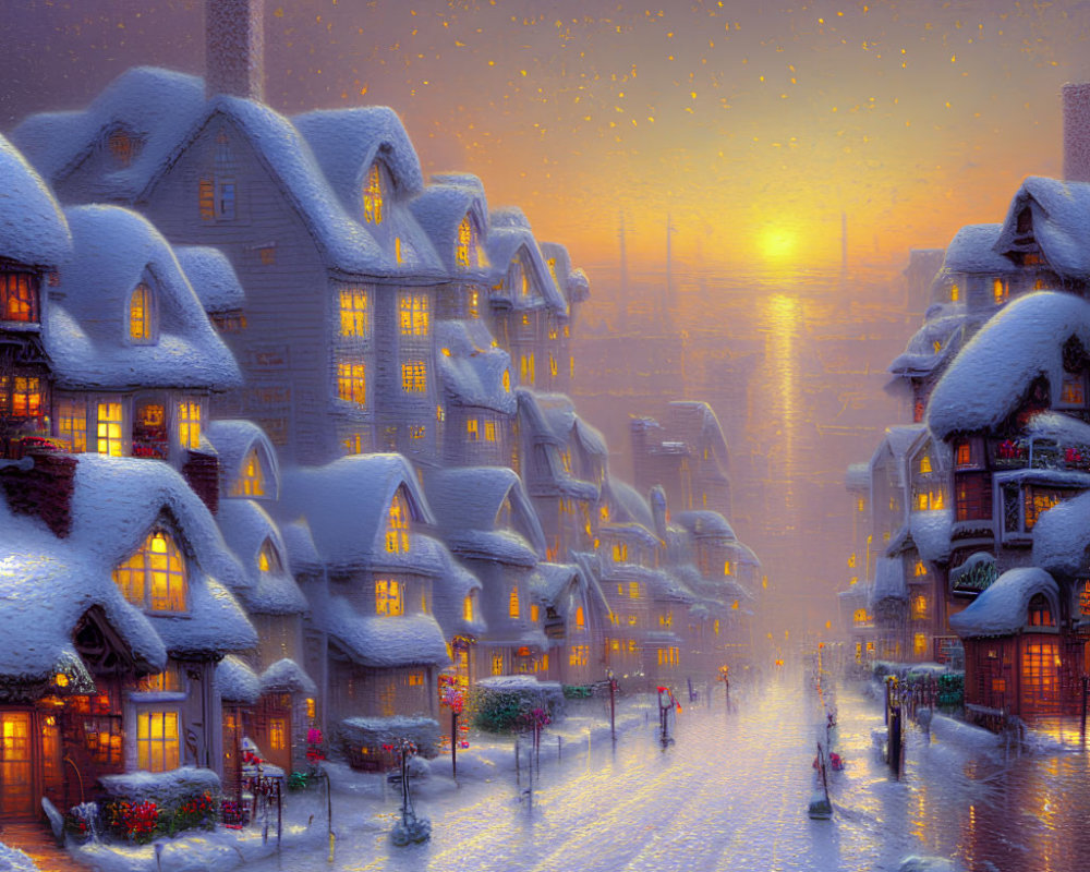 Winter village scene with glowing windows and snowy sunset