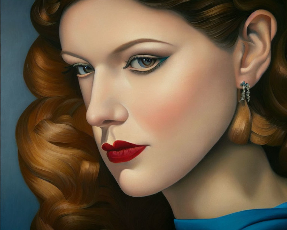 Realistic painting of woman with wavy hair and blue eyes