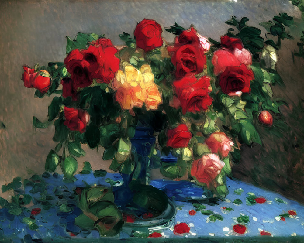 Colorful oil painting of red and yellow roses in blue vase on muted background