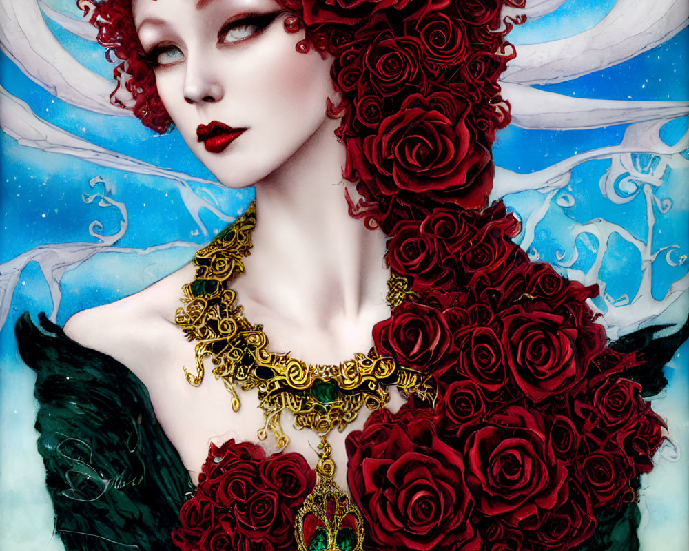 Illustrated woman with pale skin, red lips, crown of red roses, golden jewelry, and dark