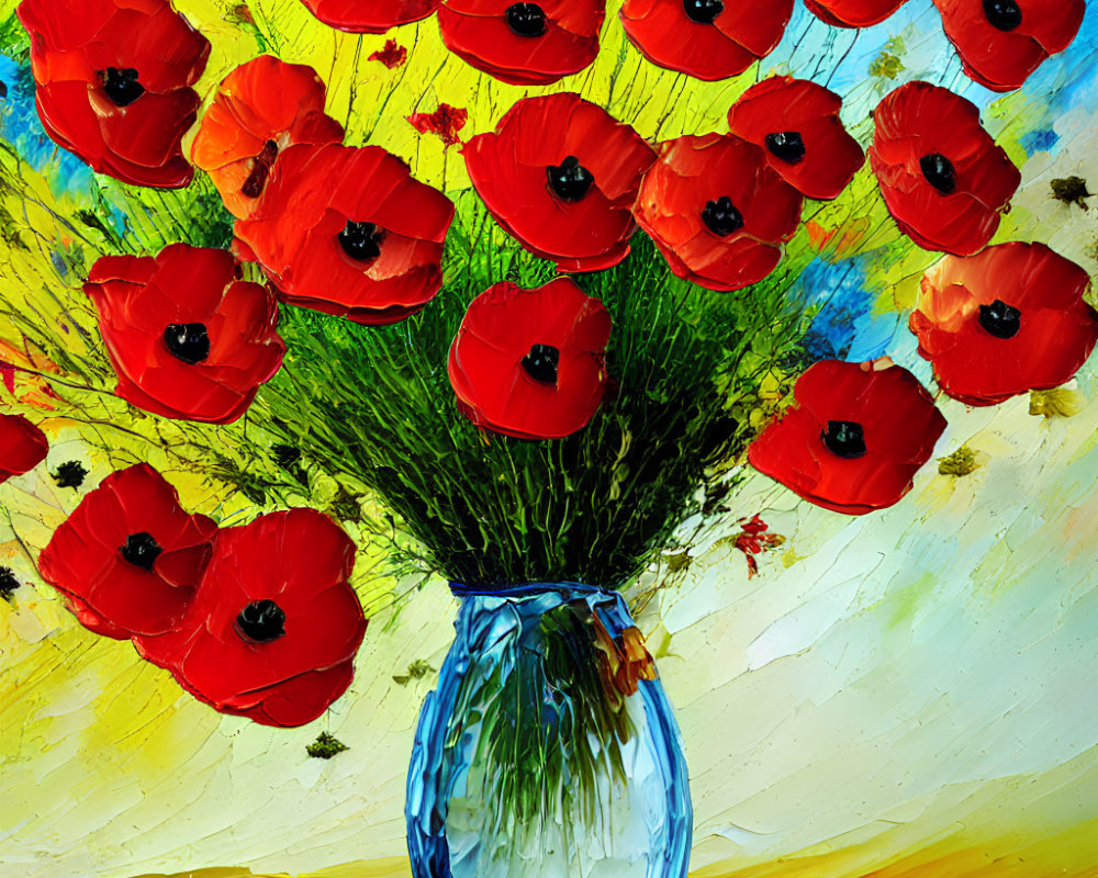 Colorful painting of red poppies in blue vase with thick paint creating textured effect on yellow background