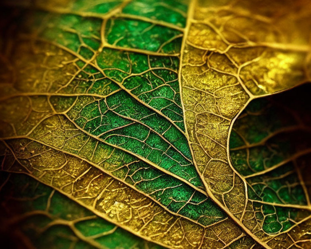 Detailed close-up of green and gold leaf with intricate vein structure