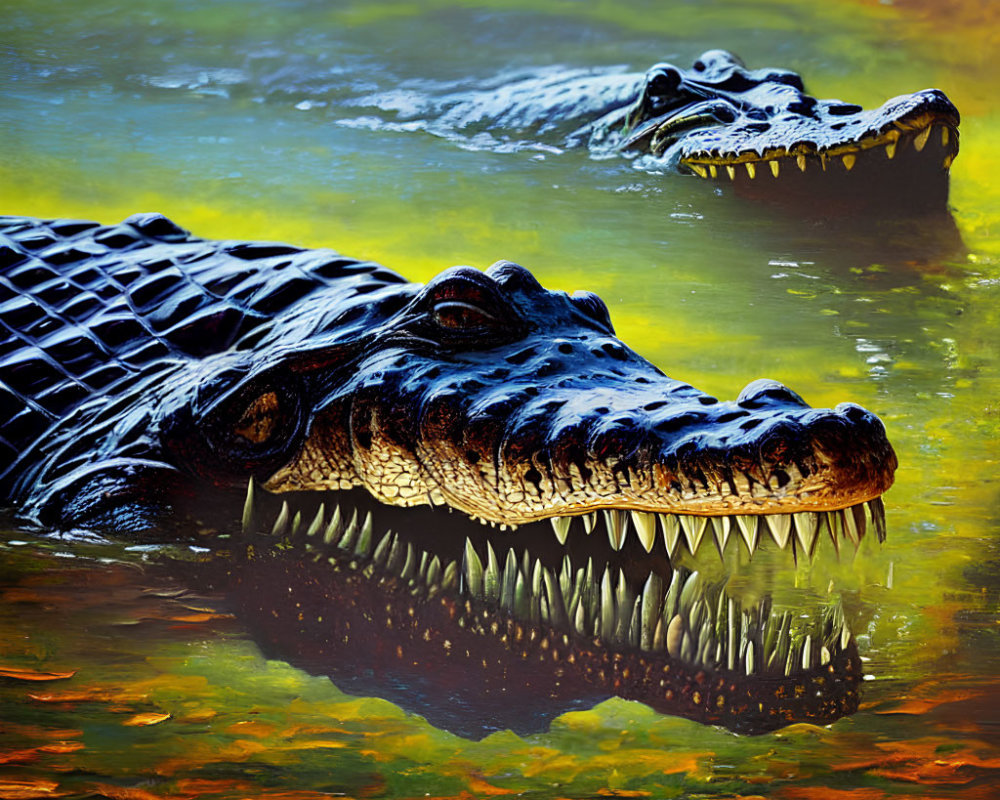 Two Crocodiles with Sharp Teeth in Autumn Reflection