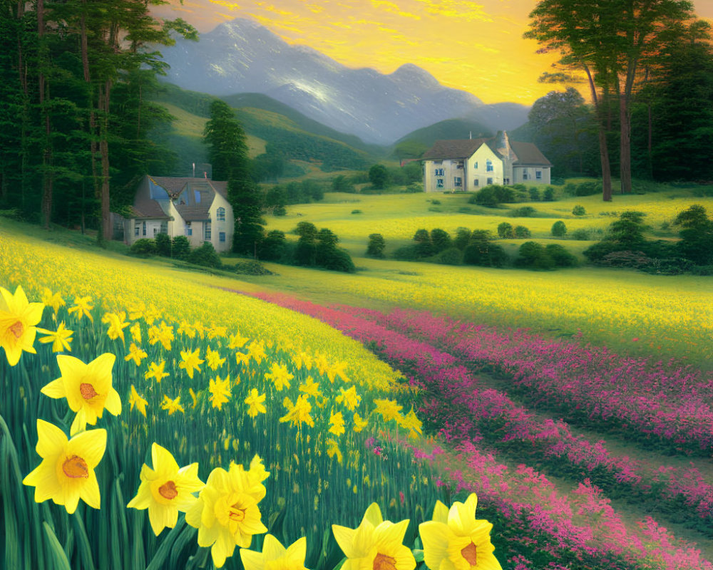 Tranquil countryside landscape with blooming daffodils, wildflowers, houses, and mountains