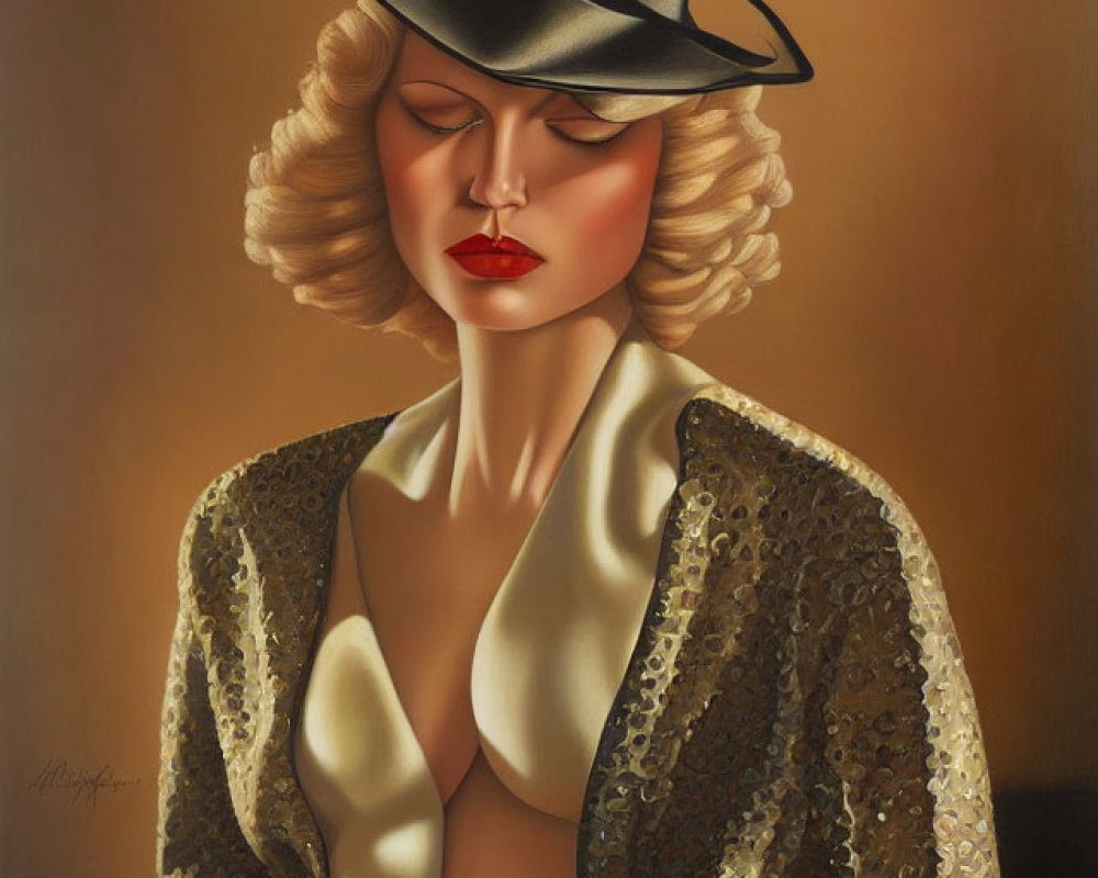 Stylized painting of woman with blonde curls in black hat and gold sequined jacket