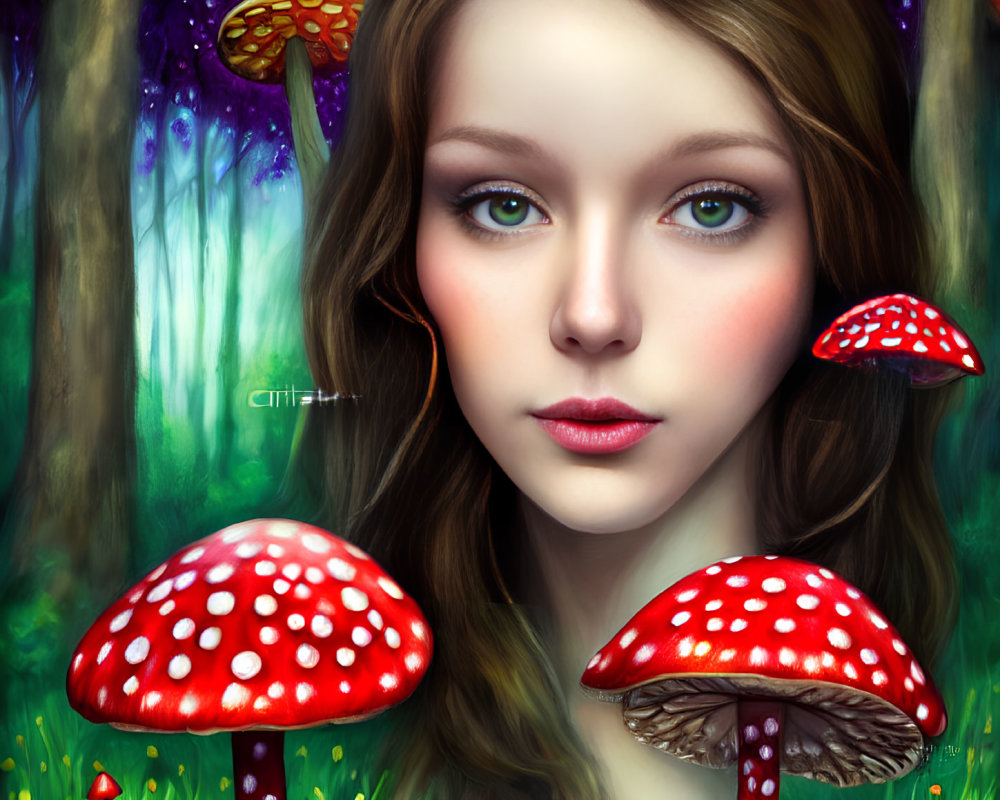 Digital art portrait of a woman with bright blue eyes in a whimsical forest setting with vibrant red mushrooms