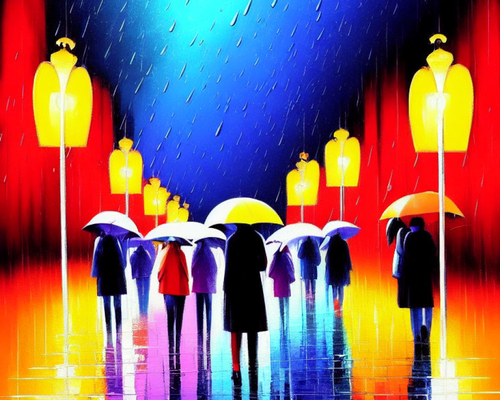 Vibrant painting of silhouetted figures with umbrellas in rainy cityscape