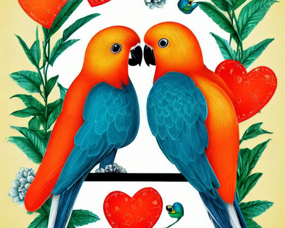 Colorful Parrots Perched Among Greenery and Floral Elements