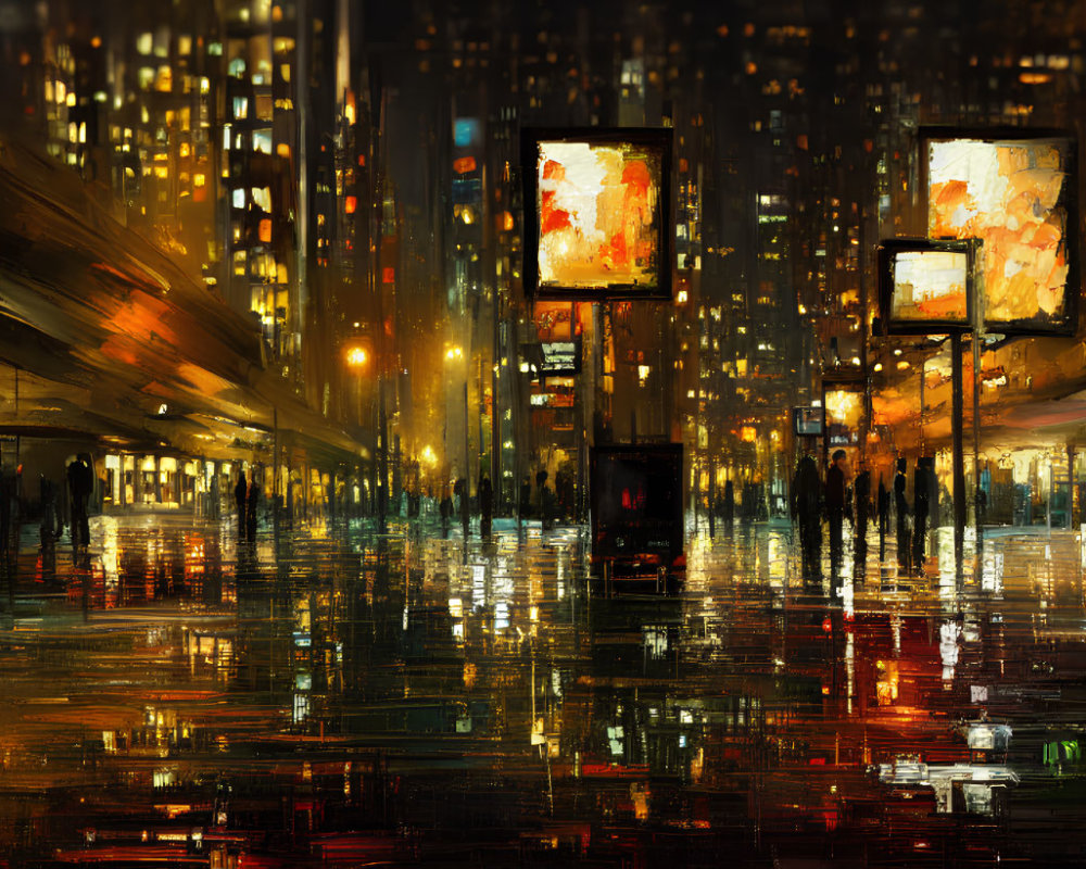 Urban night scene with city lights, billboards, and silhouettes on wet ground